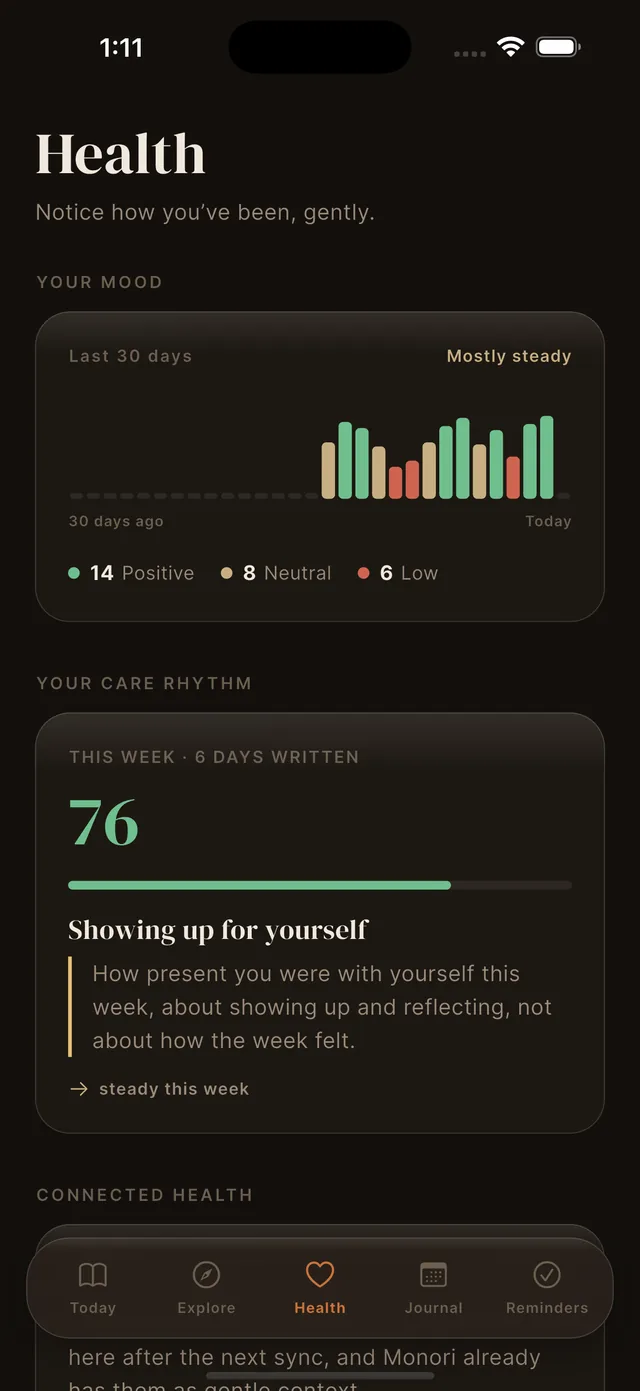 Health tab with 30-day mood overview and Care Rhythm score