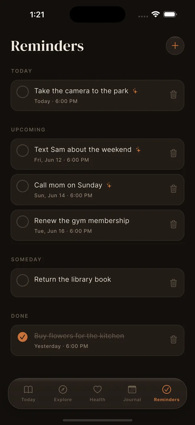 Reminders grouped by Today, Upcoming, and Done