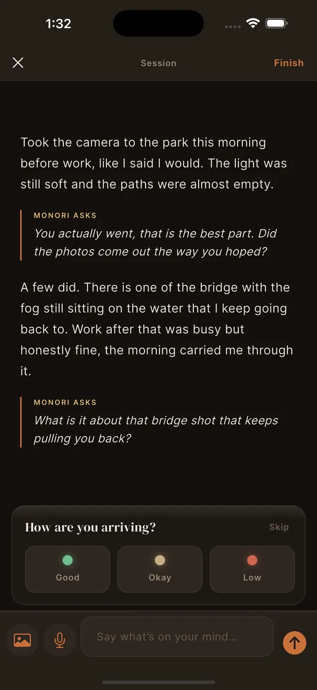 A Monori writing session: the user talks about their day and Monori asks a gentle follow-up